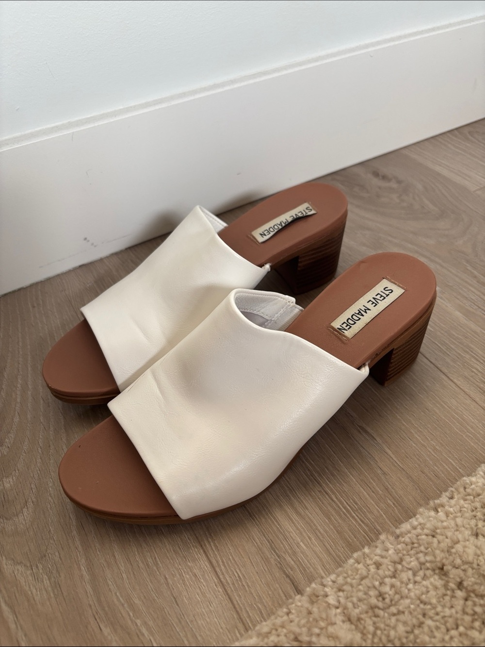 Steve Madden Cream Leather Open-Toe Slide Mules with Brown Block Heel